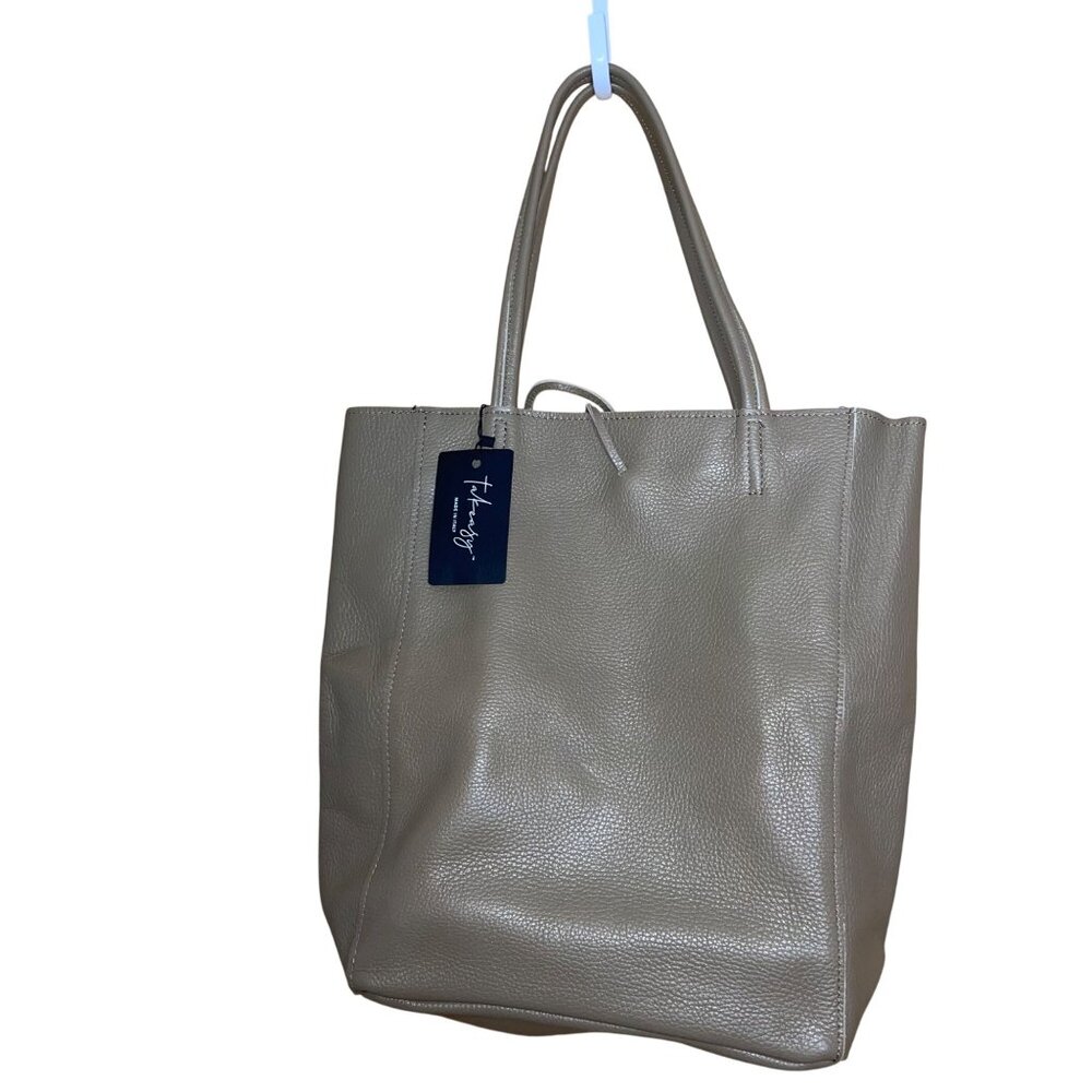 Takeasy Womens Tote Bag Taupe Italian Calf Leather Zipper Top Foldable New